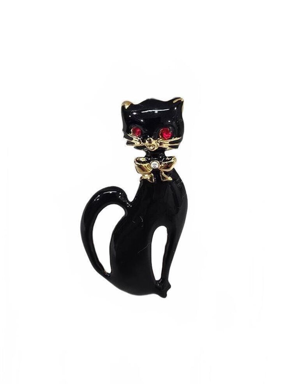 Vintage Black Cat Brooch with Red Eyes and Gold Tone Accents